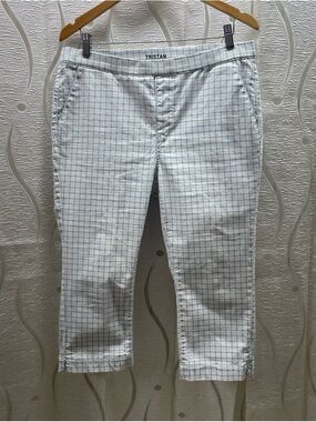 Tristan Plaid Skinny Cropped Pants Womens Large Blue White Excellent Capris